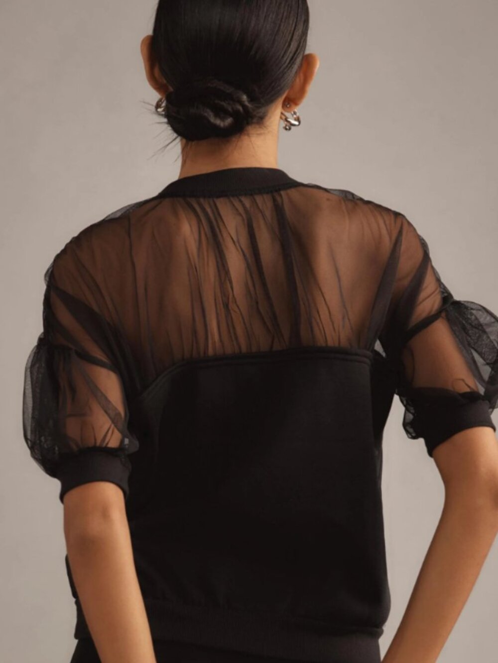 Maeve Anthropologie Short-Sleeve Sheer-Inset Knit Top Black - Picture 3 of 12